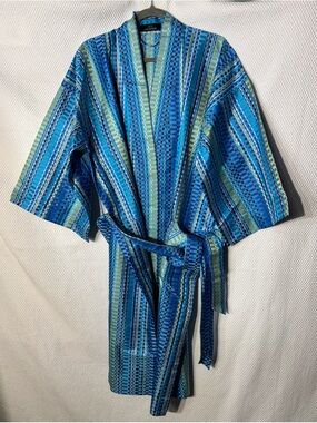 JIM THOMPSON O/S Unisex Blue & Teal Striped Kimono Robe 100% Silk with Belt
